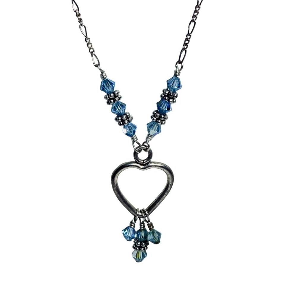 Sterling Silver Figaro Chain Necklace W/Blue Crystal Beads & Heart Pendant (5820 - Picture 2 of 6
